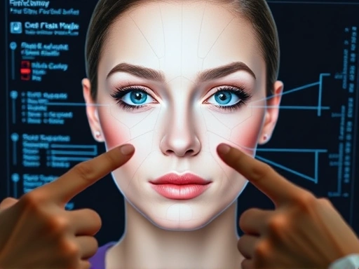 A close-up shot of a doctor's hands pointing at a digital facial analysis screen, showing a gender-neutral face with subtle lines indicating potential plastic surgery adjustments for a balanced, natural look.