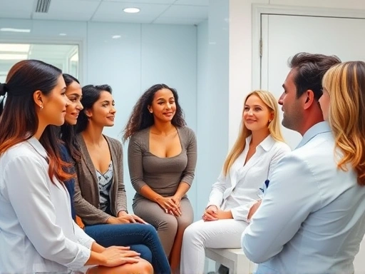 A diverse group of people in a modern plastic surgery consultation room, discussing aesthetic goals with a professional, highlighting gender diversity. The scene is bright and welcoming, focusing on clear communication.