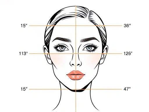 A detailed diagram showing the golden ratio applied to a female face, with lines and numerical ratios highlighting forehead, nose, and chin proportions, set against a clean, scientific background.