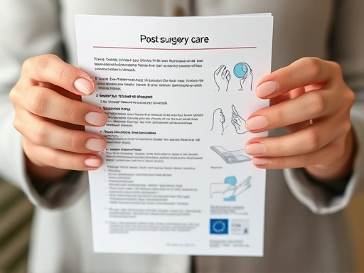 Close-up of hands gently holding a detailed leaflet about post-surgery care and recovery, with a focus on specific instructions and illustrations for plastic surgery aftercare, emphasizing attention and detail.