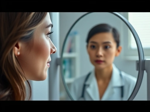Detailed overview of a person contemplating a hump nose correction, looking at their profile in a mirror, with a gentle, thoughtful expression, soft lighting, and a medical consultation setting subtly in the background.