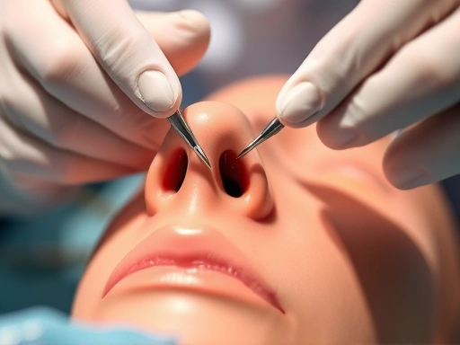 Close-up view of a surgeon's hands meticulously performing a precise surgical procedure on a nose model, highlighting the delicate tools and the focus required for hump nose correction surgery, in a sterile environment.