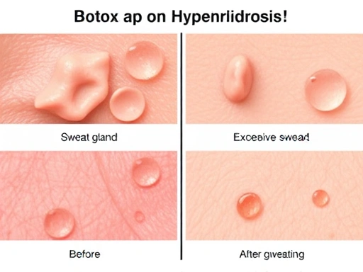 Close-up of different sweat glands and their activity levels, illustrating before and after effects of Botox on hyperhidrosis, with a clear distinction between excessive and reduced sweating areas, perhaps with symbolic sweat droplets.