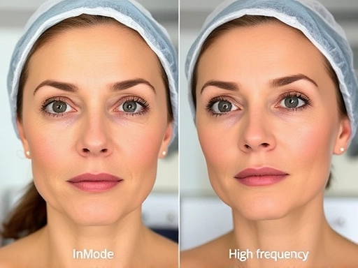 A detailed comparison between InMode and high-frequency RF lifting, showing the face with visible skin tightening effects, highlighting both technologies in a modern aesthetic clinic setting, with clear skin and improved contours. Focus on non-invasive procedures.