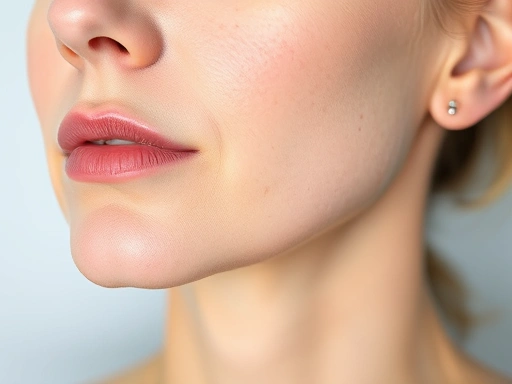 Close-up of a human face showing subtle skin tightening and reduced double chin after aesthetic treatment, with a focus on skin texture and improved jawline, illustrating the effectiveness of non-surgical lifting procedures like InMode and RF.