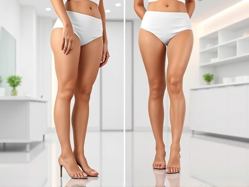A detailed illustration showing before-and-after of leg contouring, with smooth, aesthetic calf lines, set in a modern, clean medical aesthetic clinic environment, highlighting the transformation. Leg contouring, calf line improvement, aesthetic transformation.