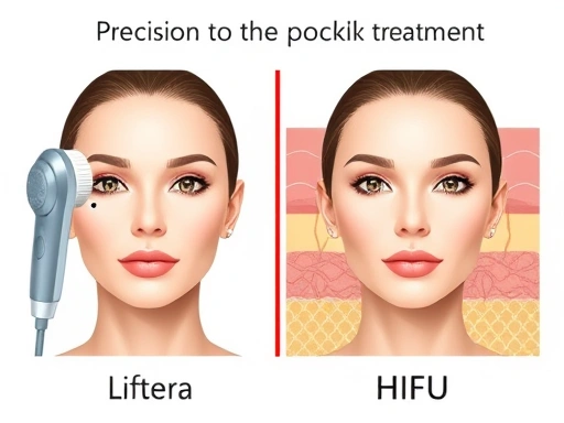 A detailed comparison graphic showing two different ultrasound lifting devices, one labeled 'Liftera' with a smoother energy flow, and the other 'HIFU' with concentrated dots, against a background of simplified facial anatomy illustrating skin layers. The image should convey precision and different treatment approaches for skin lifting and elasticity.