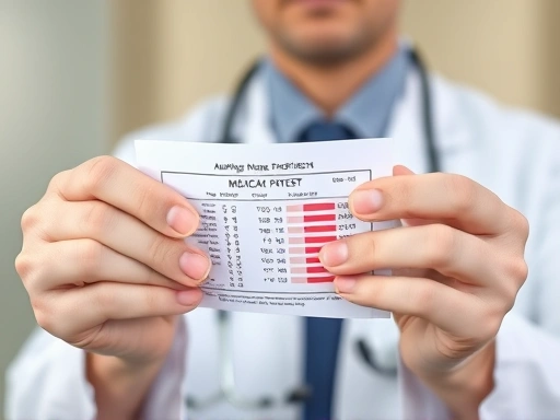 Close-up of a doctor's hands holding blood test results and pointing to specific medical parameters, with a blurred patient in the background, emphasizing detailed analysis and medical expertise.