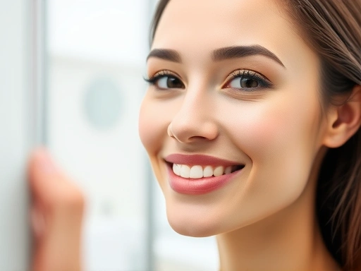 A confident person with smooth skin around the nose and mouth, looking at their reflection in a mirror, satisfied expression, bright, clean clinic background, focusing on the nasolabial fold area, soft lighting.