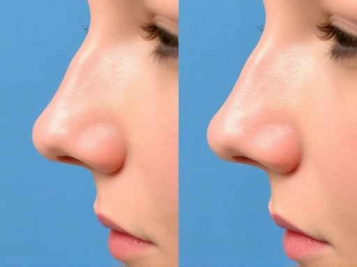 Close-up of a nose before and after tip rhinoplasty and alar reduction, subtly demonstrating natural improvement with a smooth profile, in a clear medical aesthetic context.