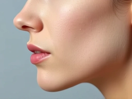 Close-up of a human face, focusing on the refined jawline and nose bridge from a side view, soft natural lighting, elegant and subtle enhancement, side profile contouring.
