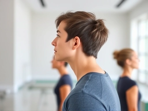 A person showing various neck exercises for improving neck posture, with clear, healthy neck line. The background is a clean, modern gym or home exercise space. Focus on dynamic motion and healthy body.