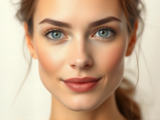 A confident person with a harmonized and well-proportioned nose that seamlessly blends with their facial features, set against a soft, bright background, showing aesthetic improvement. Focus on the nose area.