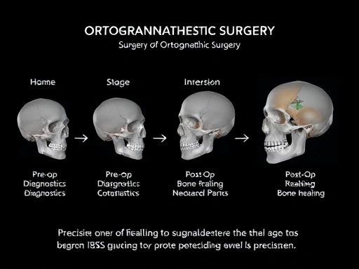 A detailed, clear diagram illustrating the stages of orthognathic surgery, from pre-op diagnostics to post-op bone healing. Emphasize the precision and complexity of the orthognathic surgery process.