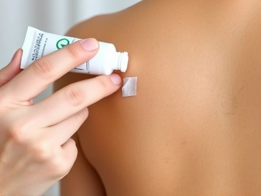 A close-up of a person gently applying a clear scar ointment to a clean, well-healing post-surgical incision on their skin, with medical tape visible nearby, demonstrating home wound care.
