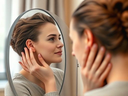 A person thoughtfully looking at their ear in a mirror, considering prominent ear correction surgery, with a soft, confident expression, in a modern, calm room setting.