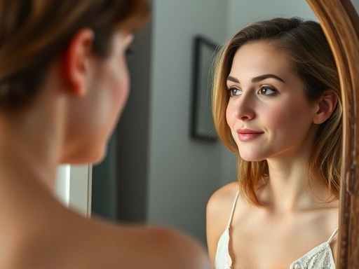 A person looking at their reflection in a mirror, showing confidence and inner peace after a personal transformation, with soft, natural lighting. Focus on self-acceptance and a positive outlook on dating and relationships.