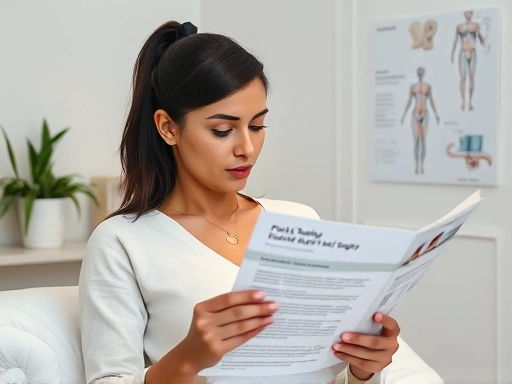 A person thoughtfully reading information about plastic surgery, surrounded by elements of safety, care, and medical illustrations, in a clean, neutral, and reassuring atmosphere with soft lighting.