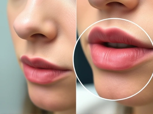 Close-up detail of a healed philtrum reduction incision site, showing subtle scar integration under the nose, alongside a magnified section of an augmented upper lip, emphasizing natural volume and refined contour, set against a soft, blurred surgical context to convey precision and recovery.