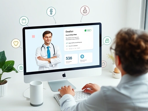 A person meticulously checking a doctor's credentials on a computer, with medical symbols and trust icons, in a clean, modern setting.