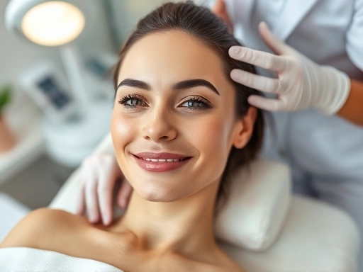 A confident person with clear skin after plastic surgery, receiving professional aftercare in a modern clinic setting, showing gentle massage and light therapy, focusing on comfort and recovery, bright and clean environment.