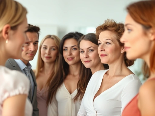 A diverse group of people of different ages looking at their reflections, symbolizing plastic surgery considerations across generations, with a focus on natural, subtle enhancements.