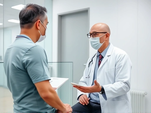 A person consulting with a doctor, discussing allergy tests before plastic surgery, in a modern clinic setting, emphasizing patient safety.
