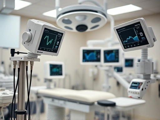 A detailed and clear image showing different types of anesthesia equipment for plastic surgery in a modern operating room, with a focus on monitoring devices and a sense of calm and professionalism. Include subtle elements of plastic surgery tools in the background.