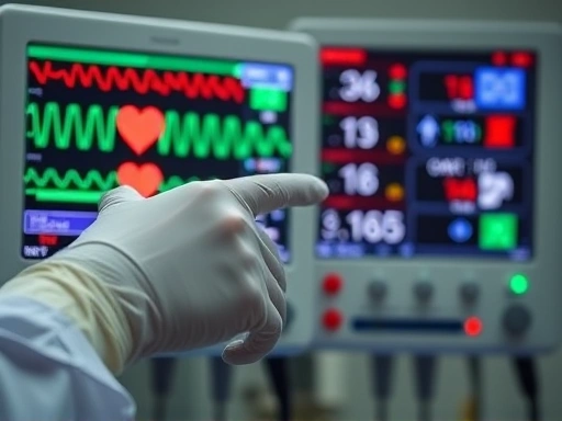 A close-up of a doctor's gloved hands pointing to a monitor displaying patient vital signs (heart rate, blood pressure, oxygen saturation) during plastic surgery anesthesia, emphasizing safety and monitoring. The scene should convey a sense of vigilance and expertise.