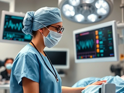 A professional female anesthesiologist in surgical scrubs and cap, meticulously checking a patient's vital signs on a monitor in a modern operating room, emphasizing patient safety and expertise.