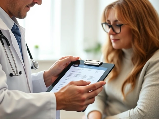 A close-up of a doctor and patient discussing a treatment plan on a tablet, showing clear, empathetic communication in a well-lit consultation room, emphasizing personal care and detail.