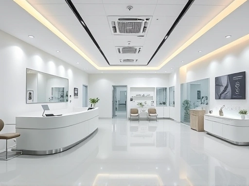 A professional, clean plastic surgery clinic interior with a large, modern reception area and subtle lighting, reflecting a sense of trustworthiness and expertise.