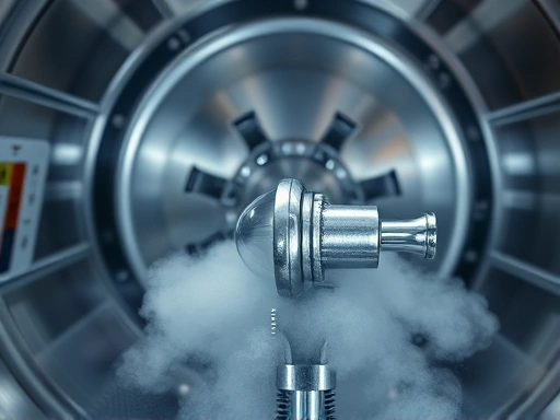 Close-up shot of a sophisticated medical device being sterilized in an autoclave, with clear steam and pristine conditions, highlighting the meticulous sterilization process.