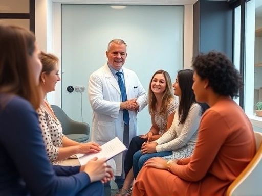 A diverse group of patients consulting with a professional, compassionate plastic surgeon in a modern clinic, highlighting trust and clear communication. Focus on calm, informed decision-making.