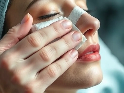A close-up of a hand gently applying a cold pack to a bandaged facial area, symbolizing careful post-operative care and attention to detail. Soft, comforting light.