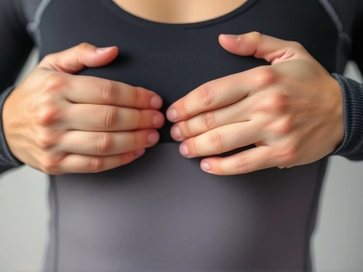 Close-up shot of hands carefully adjusting a compression garment, showing attention to detail and proper care. Emphasize the texture and fit of the garment.
