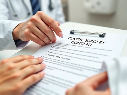 A close-up shot of a doctor's hand pointing at a plastic surgery consent form, with a patient's hand holding a pen. Focus on the document with key clauses highlighted, suggesting agreement and importance. Professional, clean clinic environment.