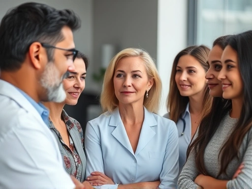 A close-up shot of a diverse group of people engaged in a thoughtful discussion with a plastic surgeon in a modern clinic setting, emphasizing careful consultation for facial harmony.