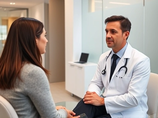A professional and empathetic plastic surgeon consults with a patient in a modern, clean clinic setting, highlighting trust and clear communication during a plastic surgery consultation.