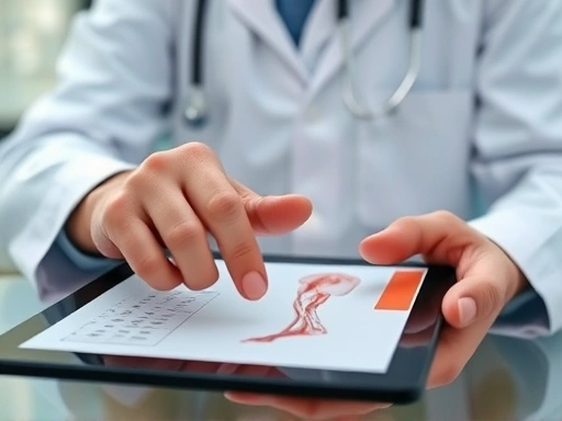 A close-up of a doctor's hand pointing at a detailed medical chart or 3D simulation on a tablet, emphasizing the specific and transparent discussion of surgical plans and procedures during a plastic surgery consultation.