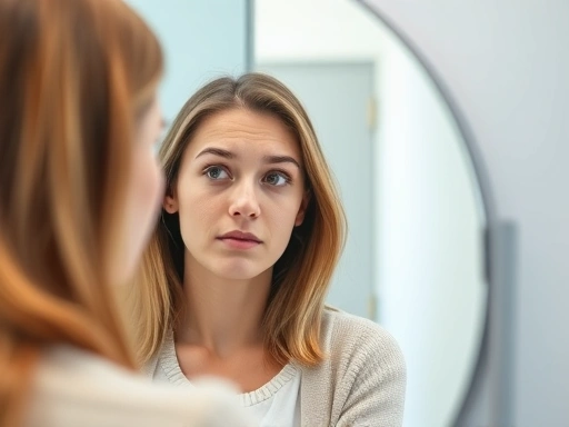 A young person in their 20s contemplating plastic surgery, looking at a mirror with thoughtful expression, focusing on self-reflection and decision-making, with a professional and clean aesthetic, bright and modern clinic setting.
