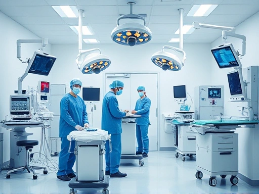 A modern, sterile operating room with medical staff in blue scrubs and masks, focusing on advanced monitoring equipment and emergency carts, highlighting a safe medical environment for plastic surgery.
