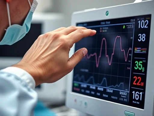 A close-up shot of a medical professional's hand checking a patient's vital signs on a monitor, showing a sense of urgency and care, symbolizing immediate response in plastic surgery emergency.