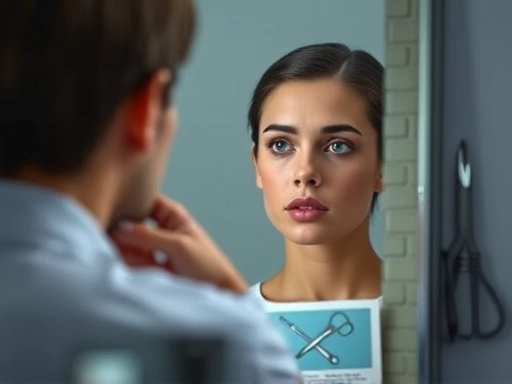 A person thoughtfully considering their reflection in a mirror, with abstract surgical tools faintly visible in the background, conveying contemplation and potential transformation, focusing on plastic surgery, expectations, and limitations.