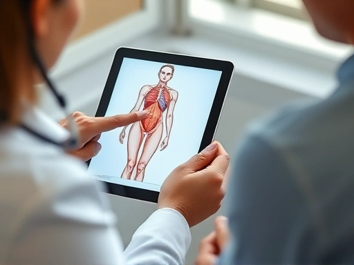 Close-up on a medical consultation scene, showing a doctor's hand pointing at an anatomical diagram on a tablet, with a patient attentively listening, emphasizing the discussion of plastic surgery, expectations, and detailed limitations.