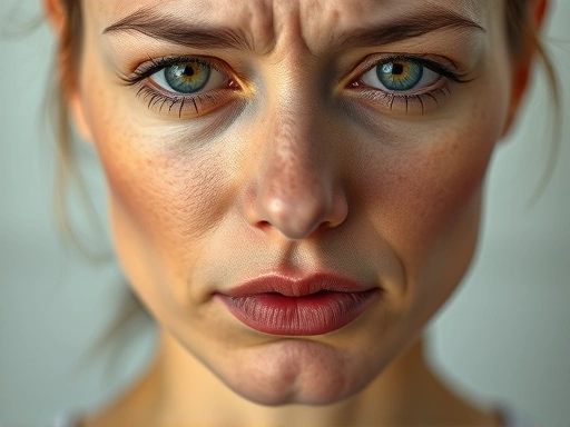 A close-up shot of a person's face expressing disappointment, with subtle signs of unsatisfactory plastic surgery results, symbolizing plastic surgery failure and the need for revision. Soft, empathetic lighting.