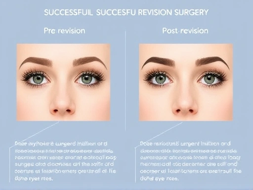 A detailed diagram illustrating the comparison of pre-revision and post-revision plastic surgery outcomes, focusing on nose or eye areas, highlighting successful revision surgery. Clear, educational style.