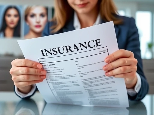 A person carefully examining an insurance policy document, with blurred images of faces or surgical tools in the background, symbolizing the complex decision of plastic surgery and insurance, in a modern, clean office setting.