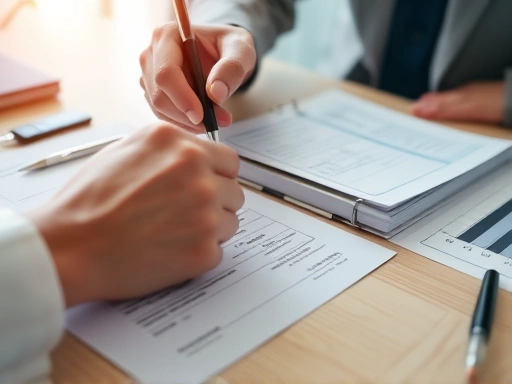 Close-up of a hand filling out an insurance claim form, with a pen and a stack of medical receipts related to a surgery on the desk, emphasizing the detailed process of claiming, with soft, natural lighting.