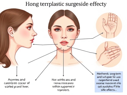 A detailed, conceptual illustration showing different aspects of long-term plastic surgery side effects like asymmetry, numbness, and scarring, with lines connecting them to methods of management, using a soft, educational color palette to emphasize awareness and care. Keywords: plastic surgery, long-term side effects, cosmetic surgery risks.